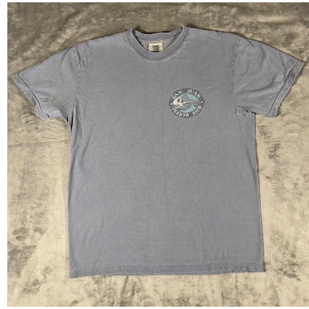 Comfort Colors San Juan Puerto Rico Fish Skeleton Graphic T-Shirt Blue Mens M